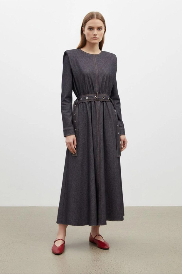 Zımba Belt Li Denim Dress-Blue Blue