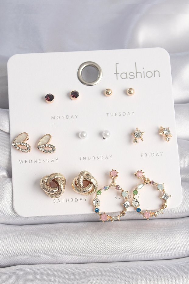 Brass Gold Color Colorful Zircon Stone Heart Detail 7 Pair Women's Earring Set