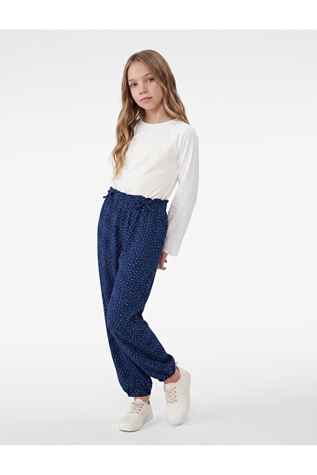 Bow-Tie Detailed Polka Dot Wrinkled Fabric Elastic Waist Pants