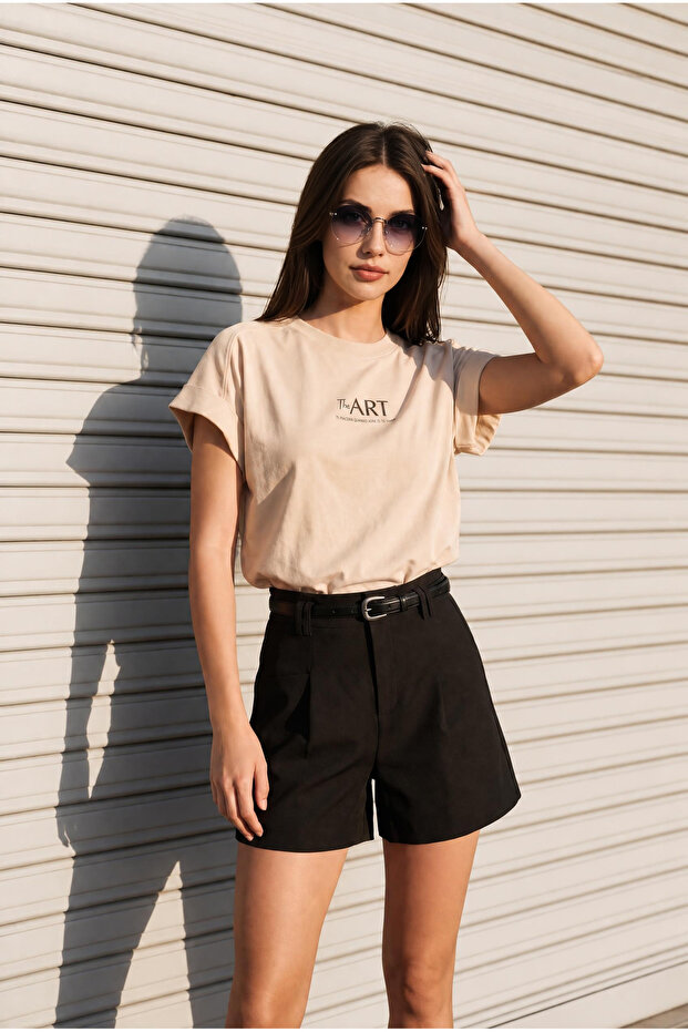 Beige Printed Oversized Short Sleeve Crew Neck Women's T-Shirt