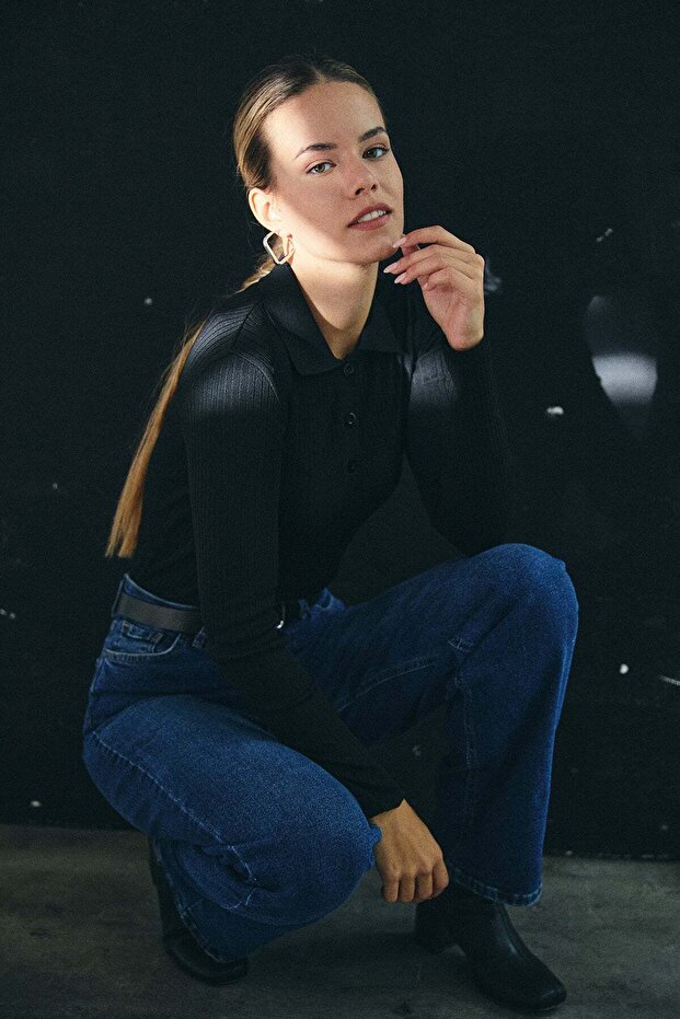 Ribbed Polo Neck Half Button Knit Sweater