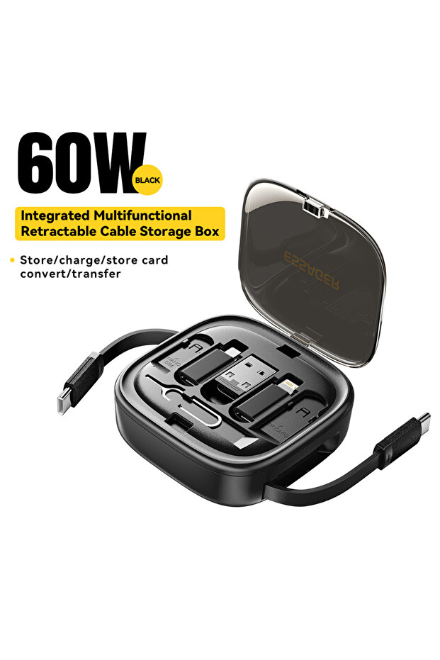 كابل USB C إلى Type C أسود بقدرة 60 واط لشحن سريع ونقل البيانات متعدد الوظائف للسفر
