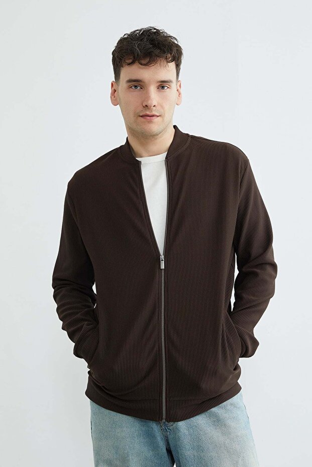 Ribbed Zippered High Collar Cardigan