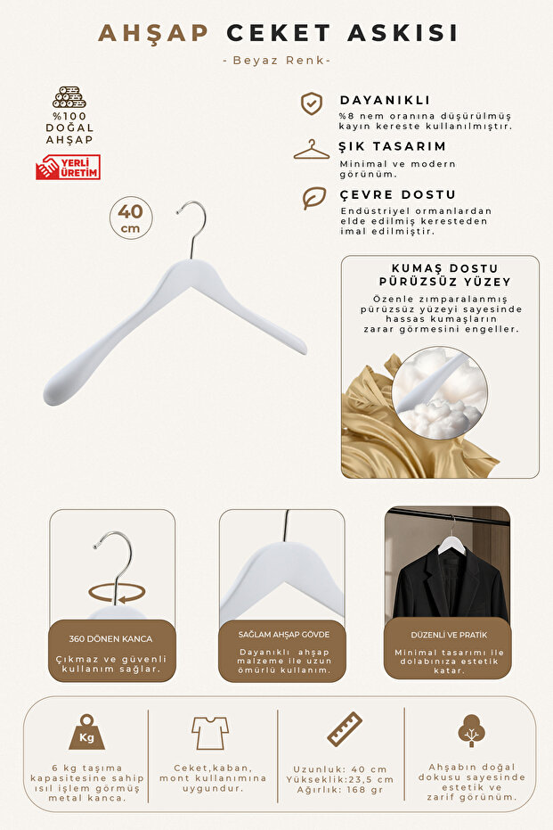 Wooden M023 40cm Women's Jacket, Coat Hanger White Color 50 Pieces
