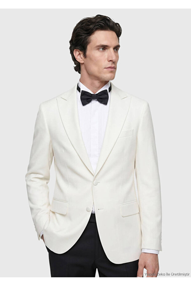 Ecru Plain Modern Fit Double Breasted Collar Woven Tuxedo Suit