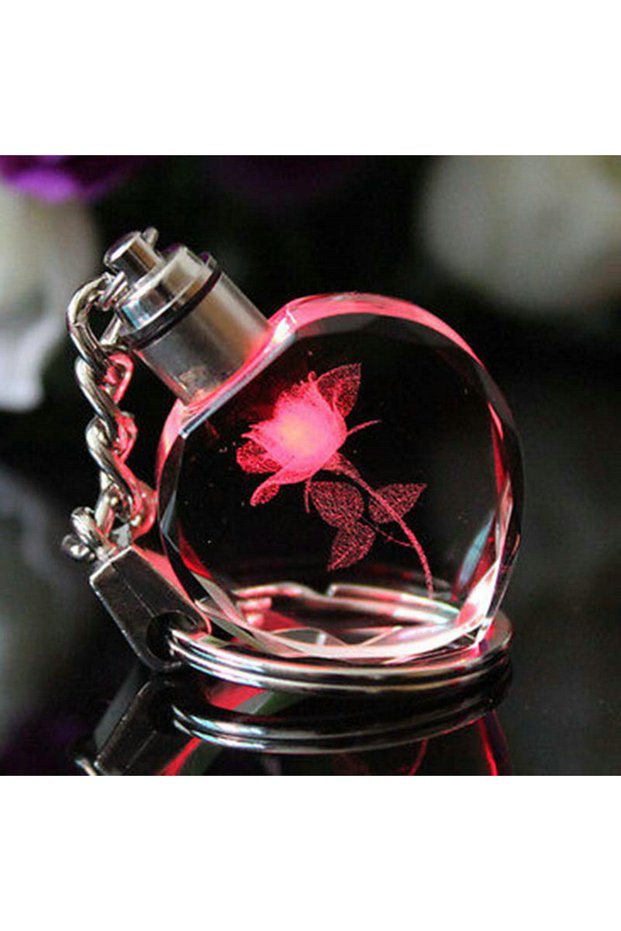 Red Fashion Colorful Fairy Rose Flower Pattern Love Shape Crystal Rhinestone LED Light Keychain Love
