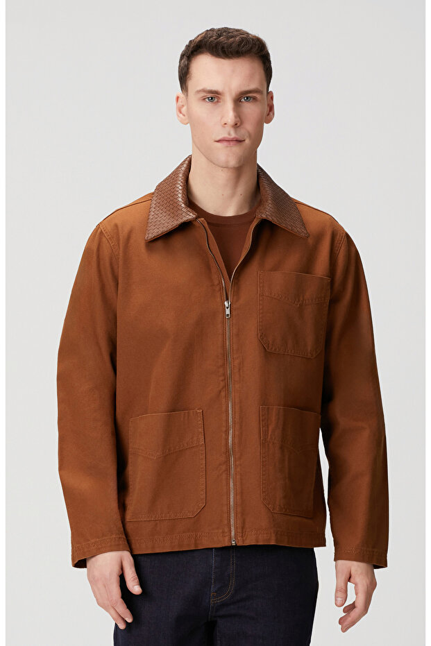 Camel Süet Detaylı Denim Ceket