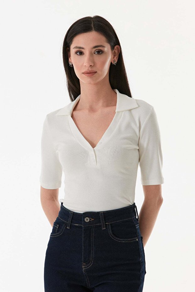 Buttoned Front Polo Neck Lycra Blouse