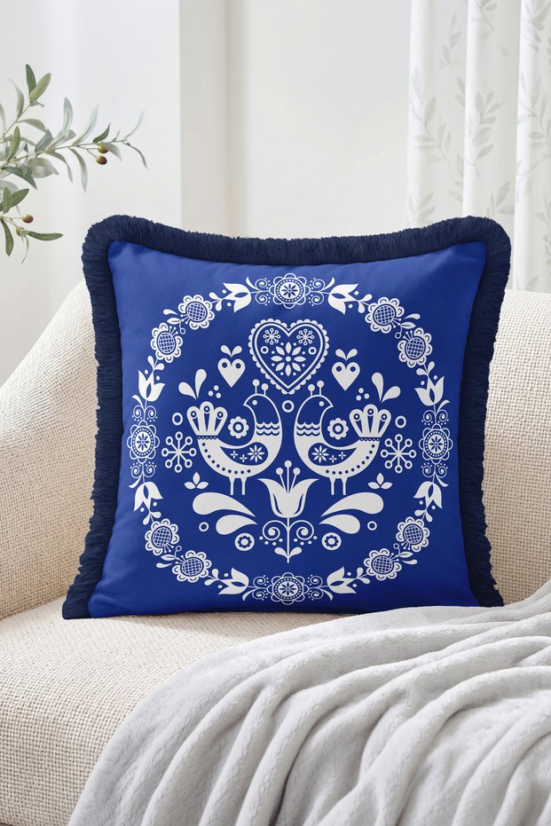 Symmetrical Floral Motif Patterned Fringed Throw Pillow Cover with Heart and Bird Figures - Vintage Decorative Pillow Cover