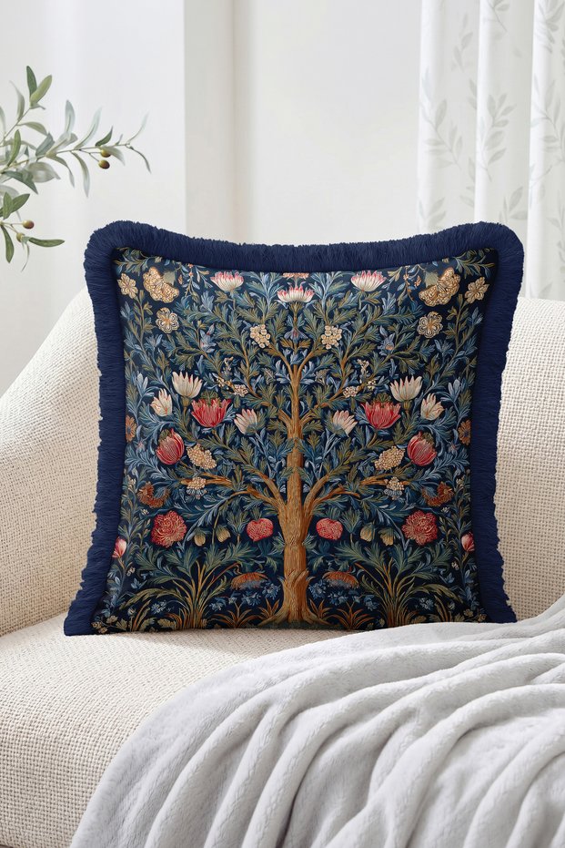 Navy Blue Floor Tree and Floral Pattern Fringed Throw Pillow Cover - Vintage Tassel Pillowcase