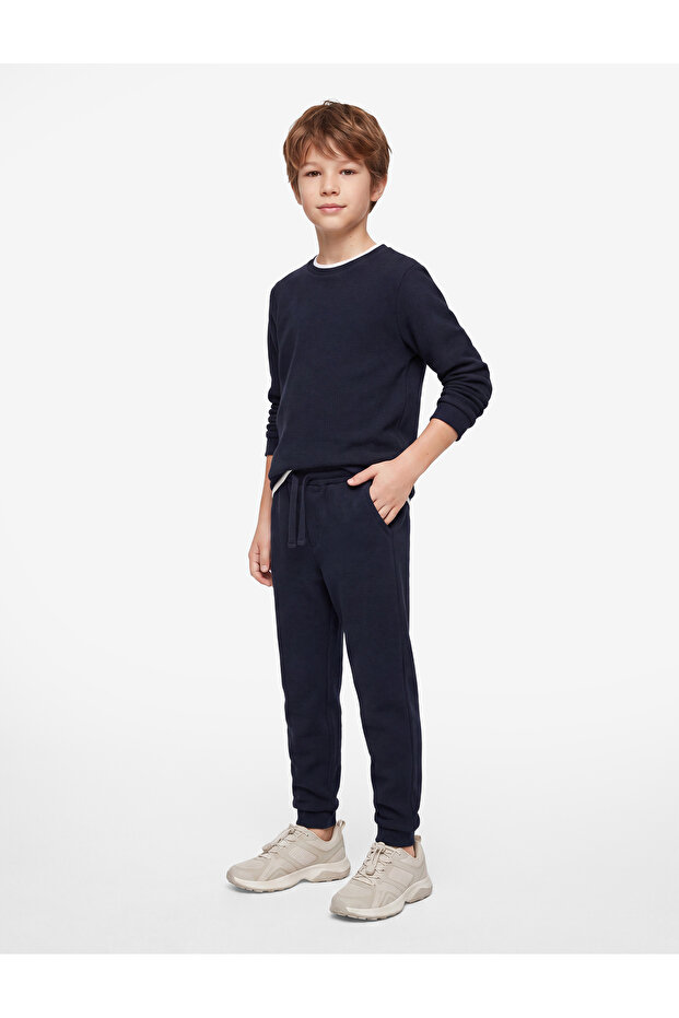 Ribbed Waist Tied Basic School Sweatpants with Pockets - 1