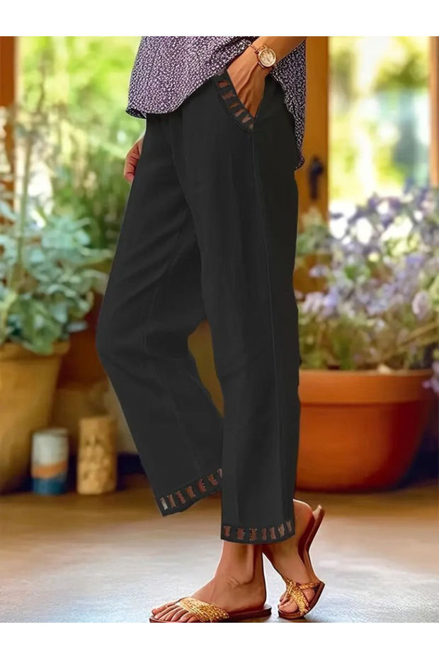 Women's Elastic Waist Lace up Pocket and Trouser End Guipure Detailed Trousers