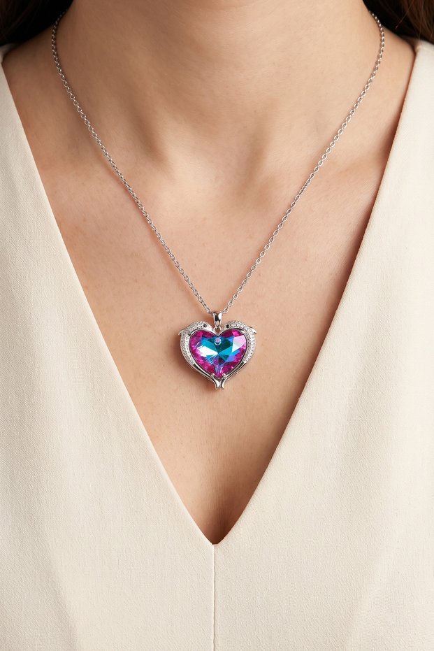Steel Dolphin Heart Necklace 45 cm | Silver Color Non Tarnish Jewelry Women Steel Necklace