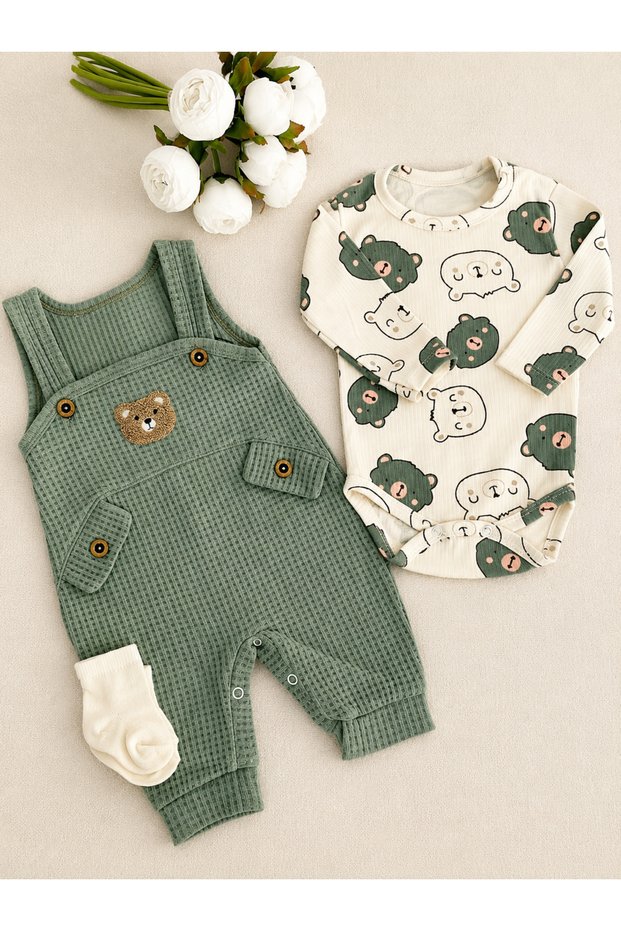 Teddy Bear Embroidered Salopet and Bodysuit Baby Set – Ribbed , Long Sleeve, Casual Comfortable 2-Piece Set