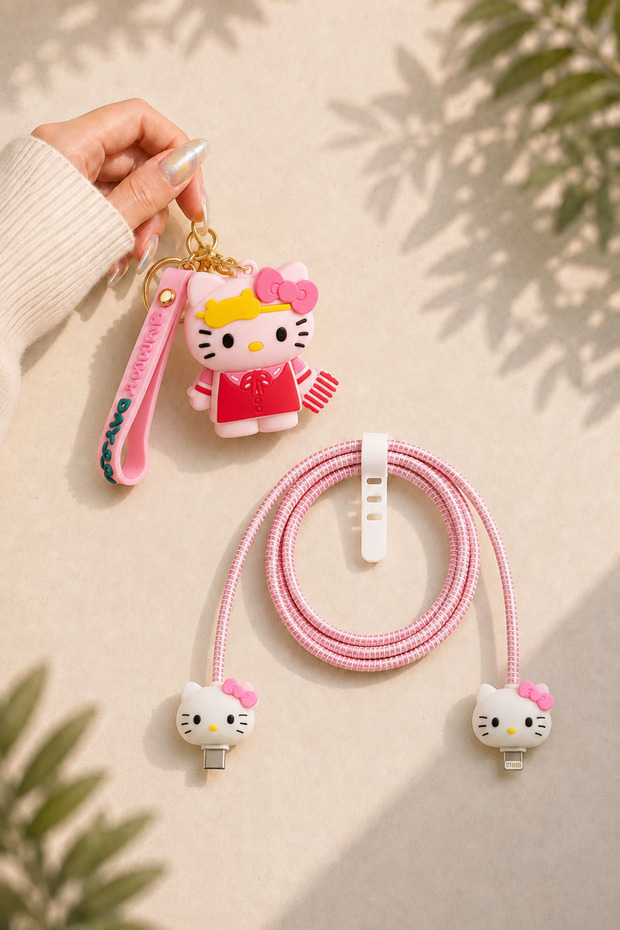 Hello Kitty Silicone Wallet Keychain, Bag Accessory and Cable Protector Compatible with All Cables