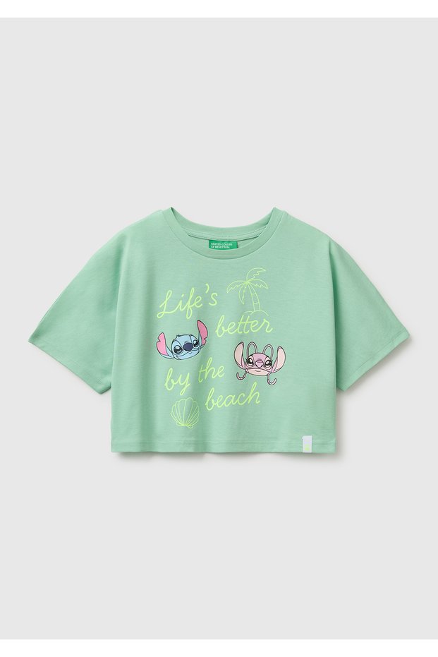 Girl's Green Lilo & Stitch Print Detailed Crop T-Shirt