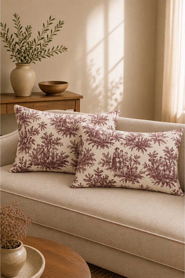 Burgundy Duck Fabric French Villagers Patterned Decorative Throw Pillow Cover-2 Piece Dowry Set