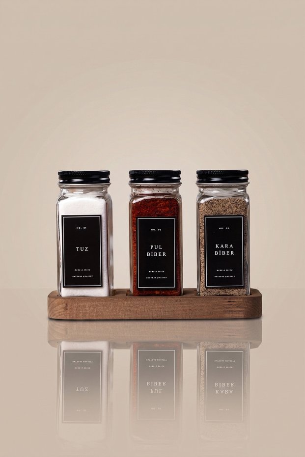 Set of 3 Glass Spice Jars with Wooden Stand | 120 ml | Black Cover and Black Label | Minimal Design