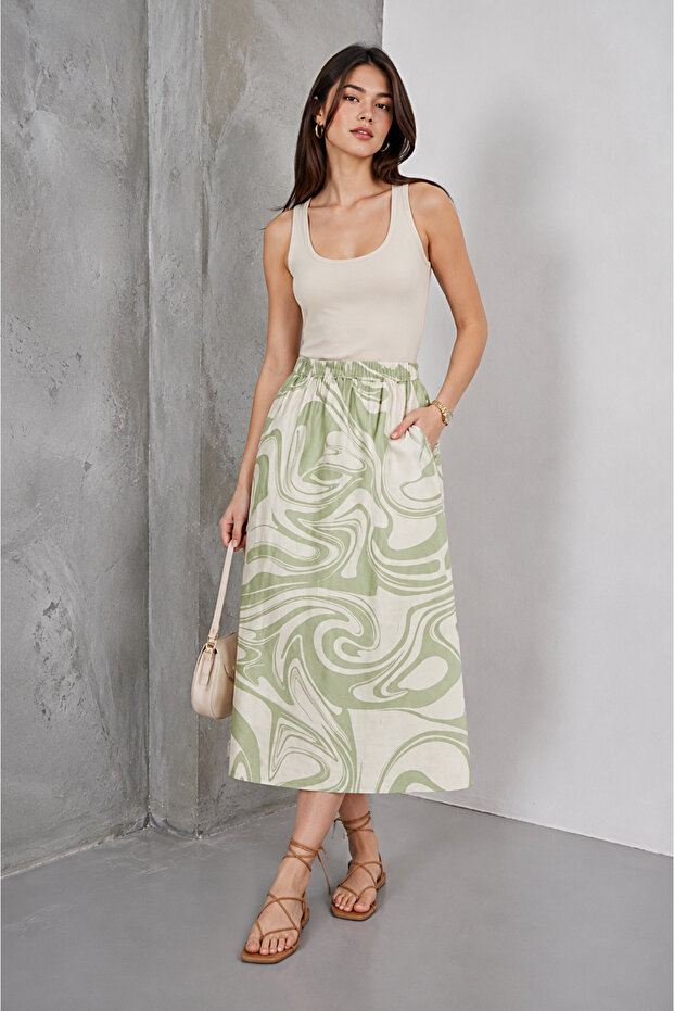 Women's Green Elastic Waist Double Pocket Patterned Midi Length Modal Skirt