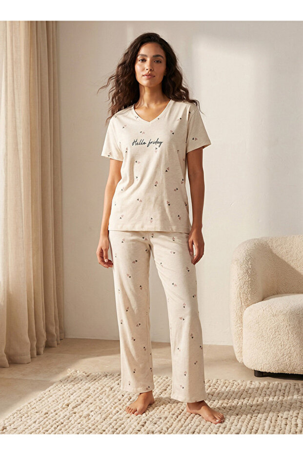Pyjama Set Heart Print T-shirt & Trousers Cotton