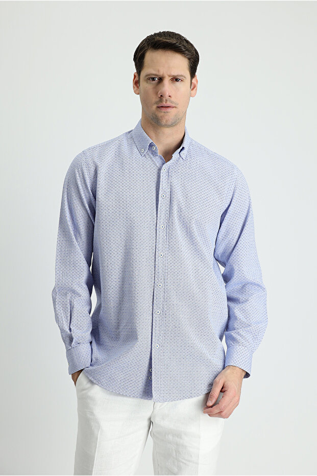 Long Sleeve Slim Fit Linen-Look Patterned Cotton Shirt