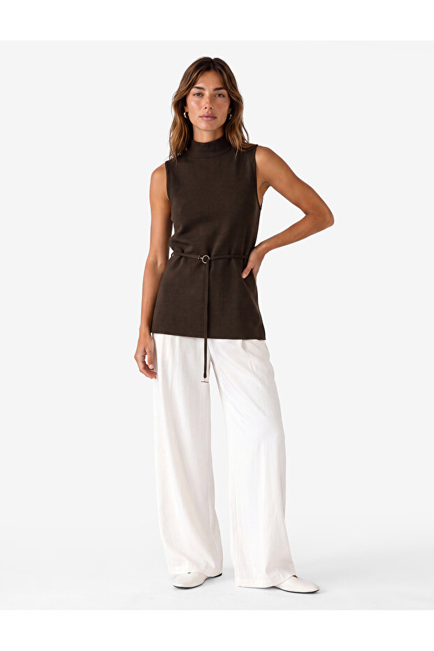 Slim Fit Belted High Neck Sleeveless Blouse