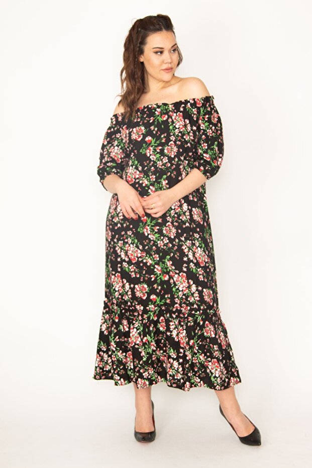 Women's Large Size Black Woven Viscose Fabric Madonna Collar Dress with Elastic Cuffs and Collar