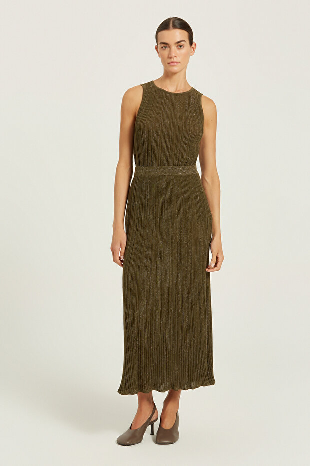 Olive Green Fine Pleated Glittery Long Skirt