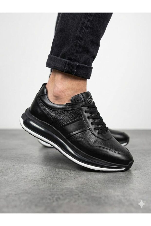 Men's black genuine leather orthopedic air sole daily sneaker shoes