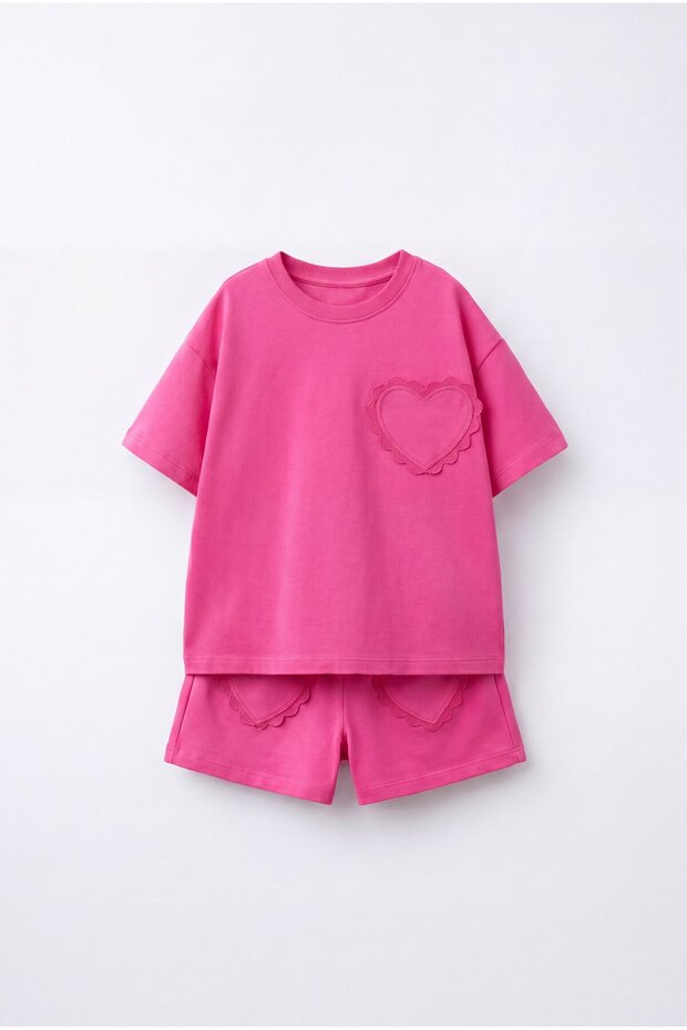 Girl's Cotton Pink Heart Pocket T-Shirt Shorts Set
