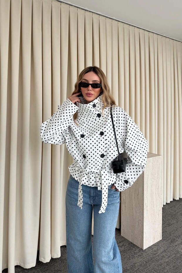 Pb Style Polka Dot Detailed White High Collar Trench Coat