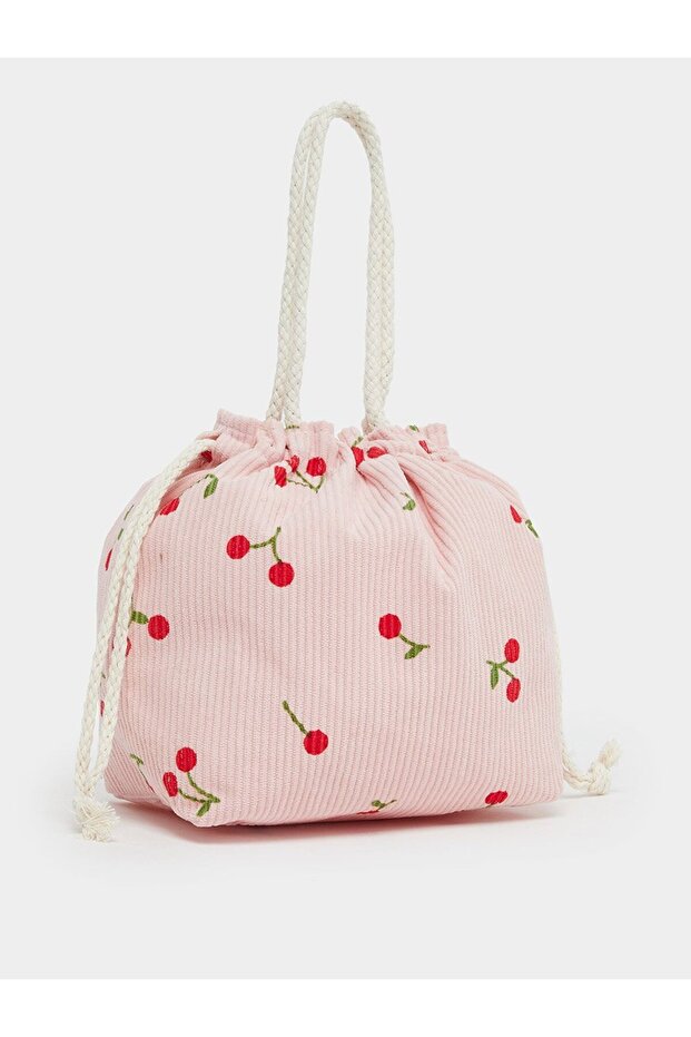 Pink Cherry Print Drawstring Bag