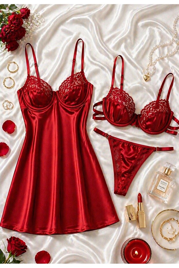 Calymera Red Satin 3-Piece Nightgown Set – Lace Detailed Bra Set