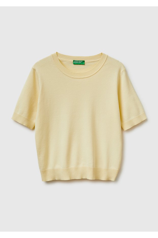 Women's Light Yellow 100% Cotton Short Sleeve Regular Fit Crew Neck Sweatshirt