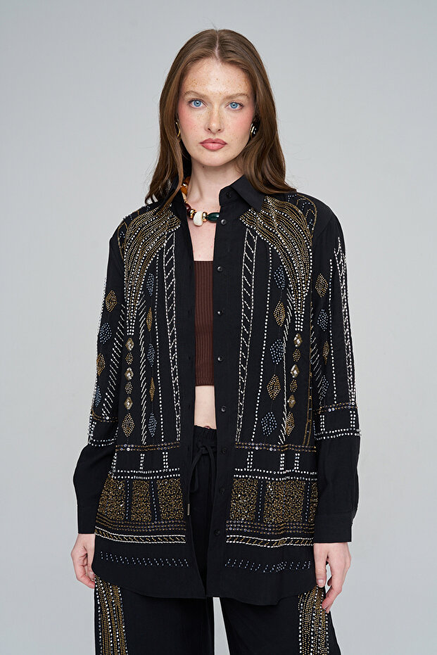 Women's Special Design Bead Embroidered Oversize Shirt