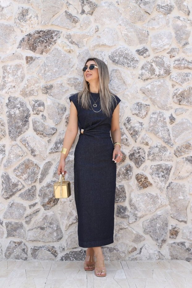 Dark Blue Denim Dress with Buckle Detail