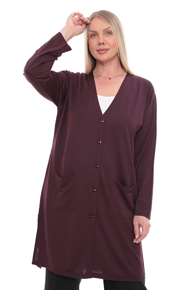 Women's Buttoned Pocketed V-Neck Casual Summer Combed Cotton Long Mother's Jacket Cardigan