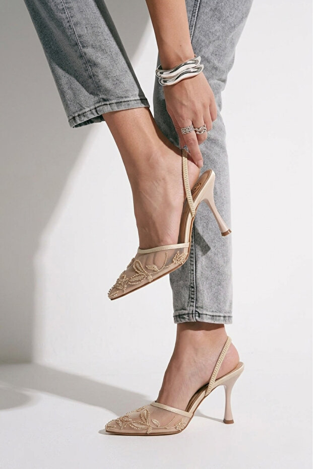 Y752276315 Beige Mesh Bead Embroidered Thin Heeled Women's Shoes