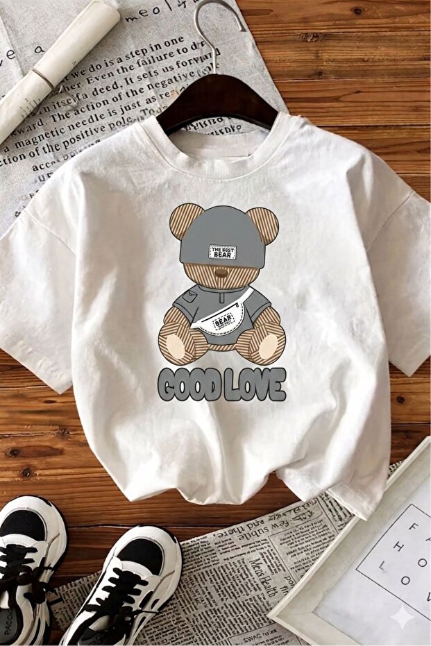 Unisex Good Love the Bear Text Printed White Tshirt