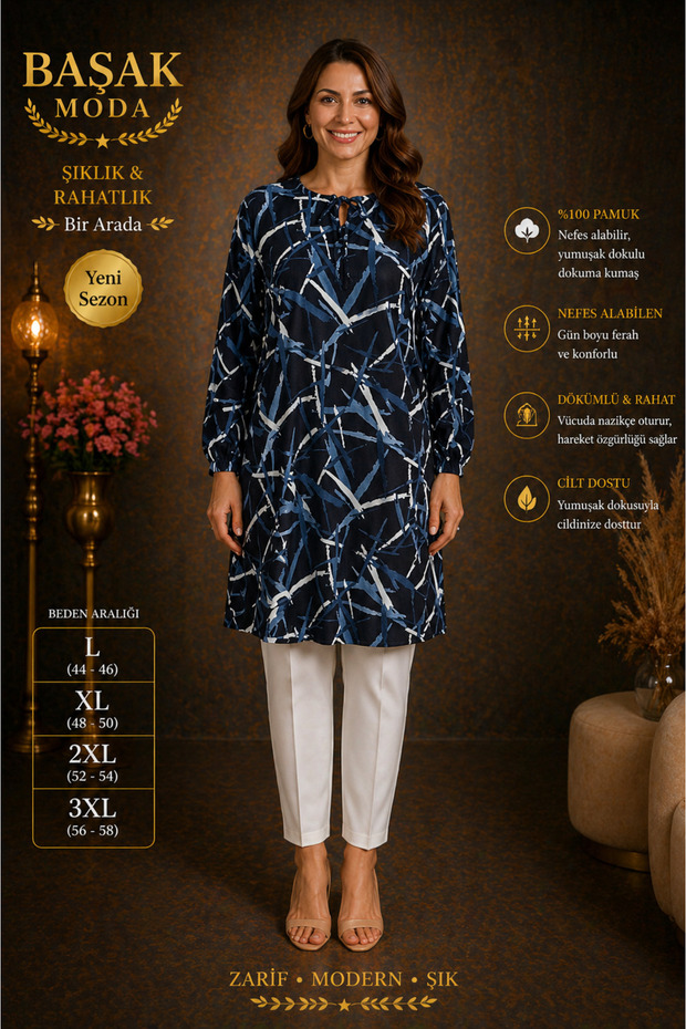 Moda Başak 100% Cotton Woven Patterned Tunic Comfortable Cut Plus Size