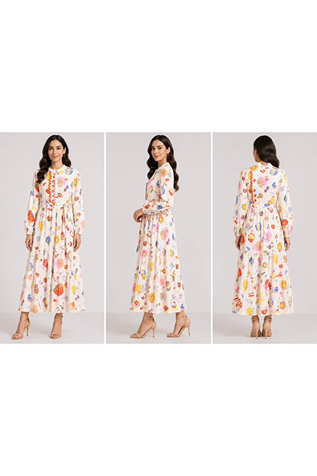 Off-White Doodle Print Tiered Casual Dress