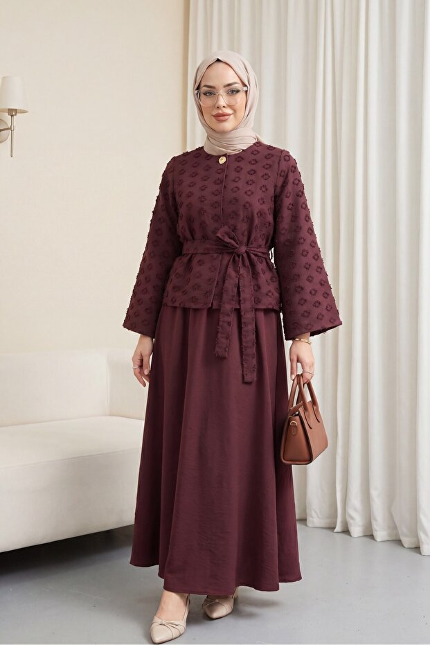 Single Button Belted Skirt with Pockets Embossed Patterned Jacquard Suit - Plum