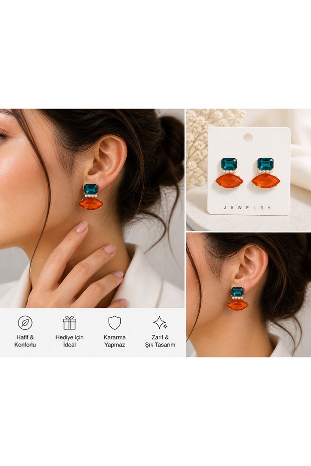 Orange Blue Stone Pearl Detailed Zarax Model Gold Earrings Women's Stylish Modern Dangle Earrings