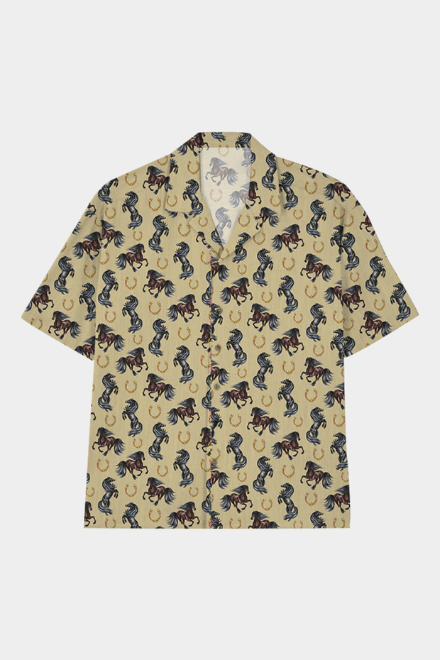 Men's Women's Relax Fit Summer Ash Collar Patterned Viscose Short Sleeve Oversize Shirt