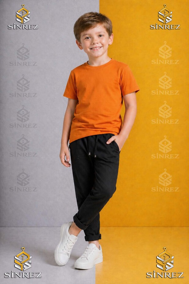 Boys' Plain Trousers 8.Mdl Elastic Waist Lycra Folded-Cuff Style