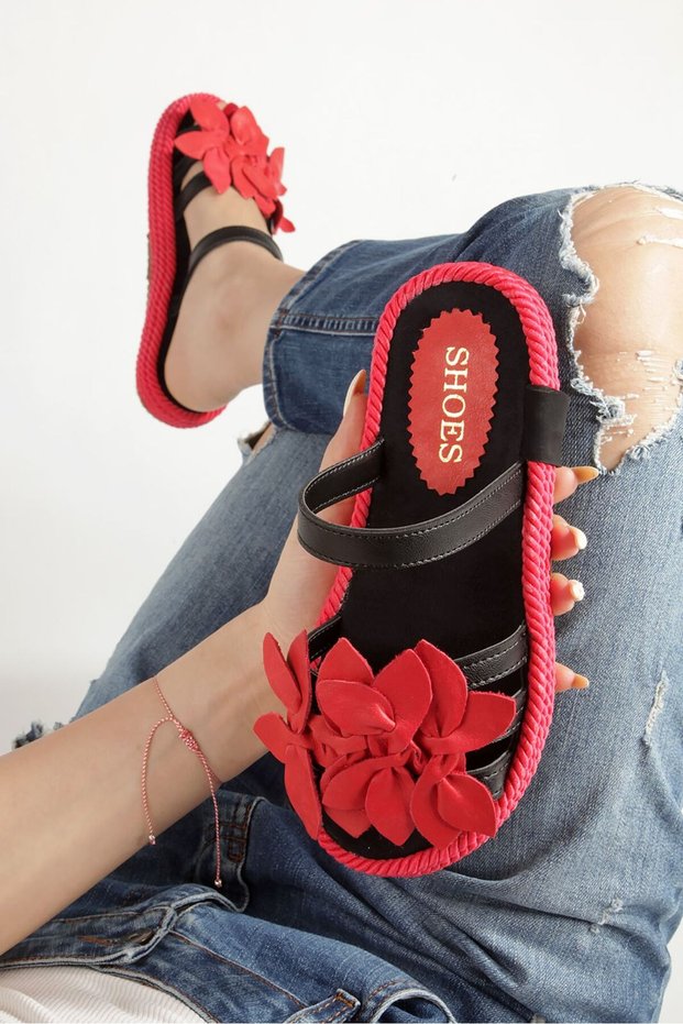 Women's Leather Floral Detailed Side Rope Wrapped Ready-To-Wear Sandals