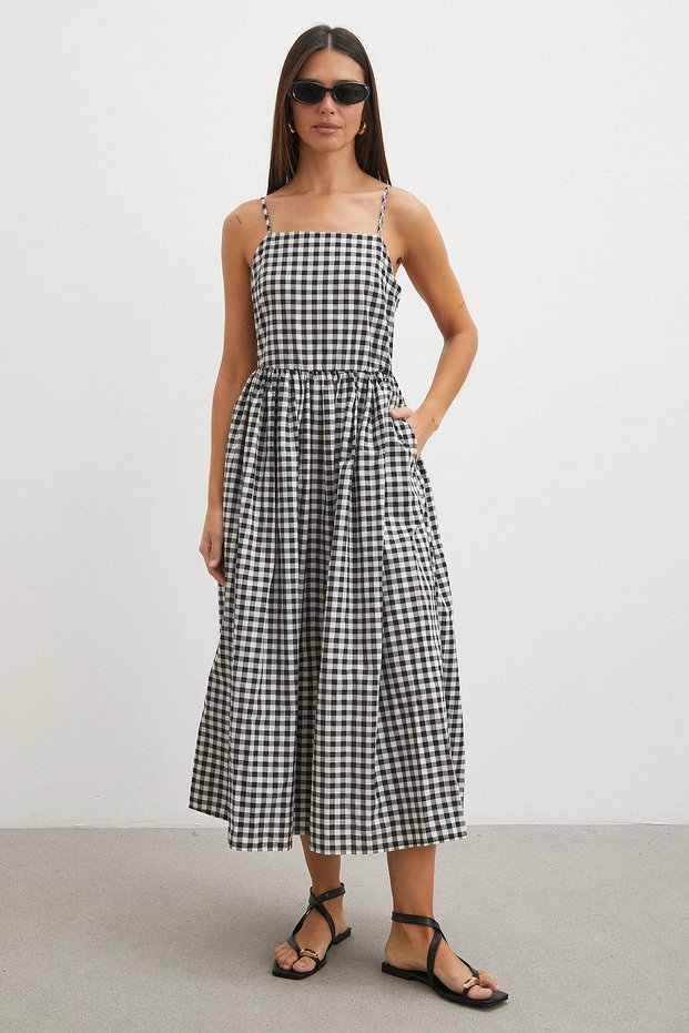 Black and White Checkered Strappy Midi Dress