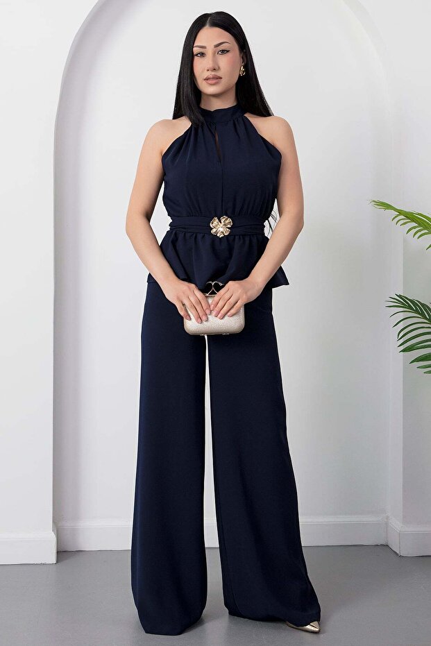 Halter Neck Buckle Waist Jumpsuit Grs3944