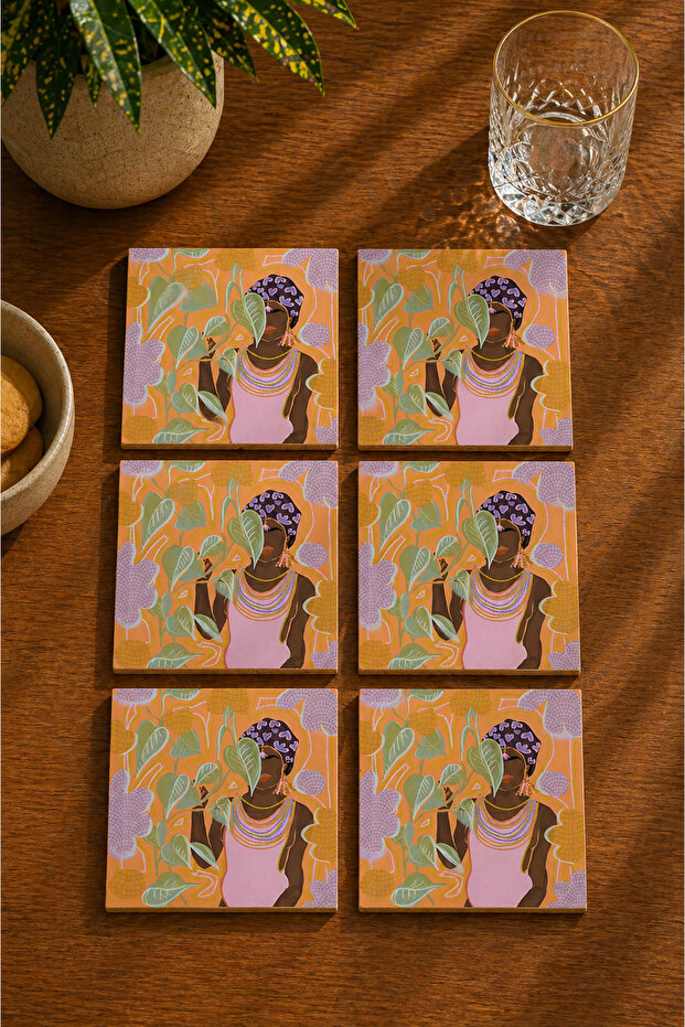 Abstract Black Woman Human Modern Design Set of 6 Coasters - Uv Printing Mdf - 10X10 cm