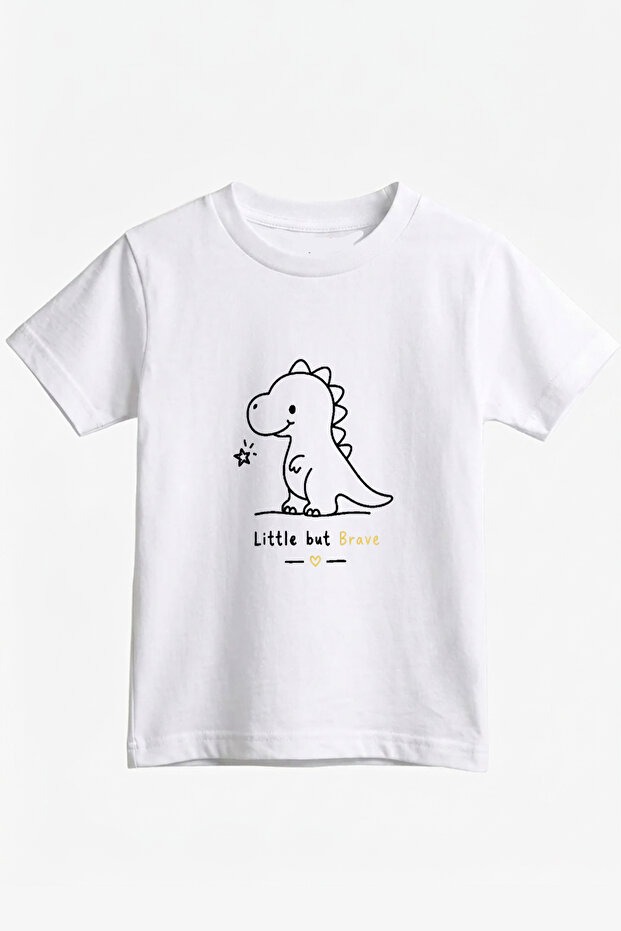 Unisex Kids' Minimal Dinosaur Printed Crew Neck Short Sleeve T-Shirt